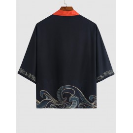Sea Waves Print Colorblock Collar Casual Kimono Sea Waves Print Colorblock Collar Casual Kimono