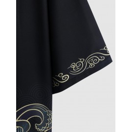 Sea Waves Print Colorblock Collar Casual Kimono Sea Waves Print Colorblock Collar Casual Kimono