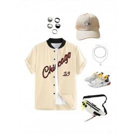 Men's Chicago Graphic Letter Print Short Sleeve Stand Collar Button Up Casual Baseball Shirt Men's Chicago Graphic Letter Print Short Sleeve Stand Collar Button Up Casual Baseball Shirt