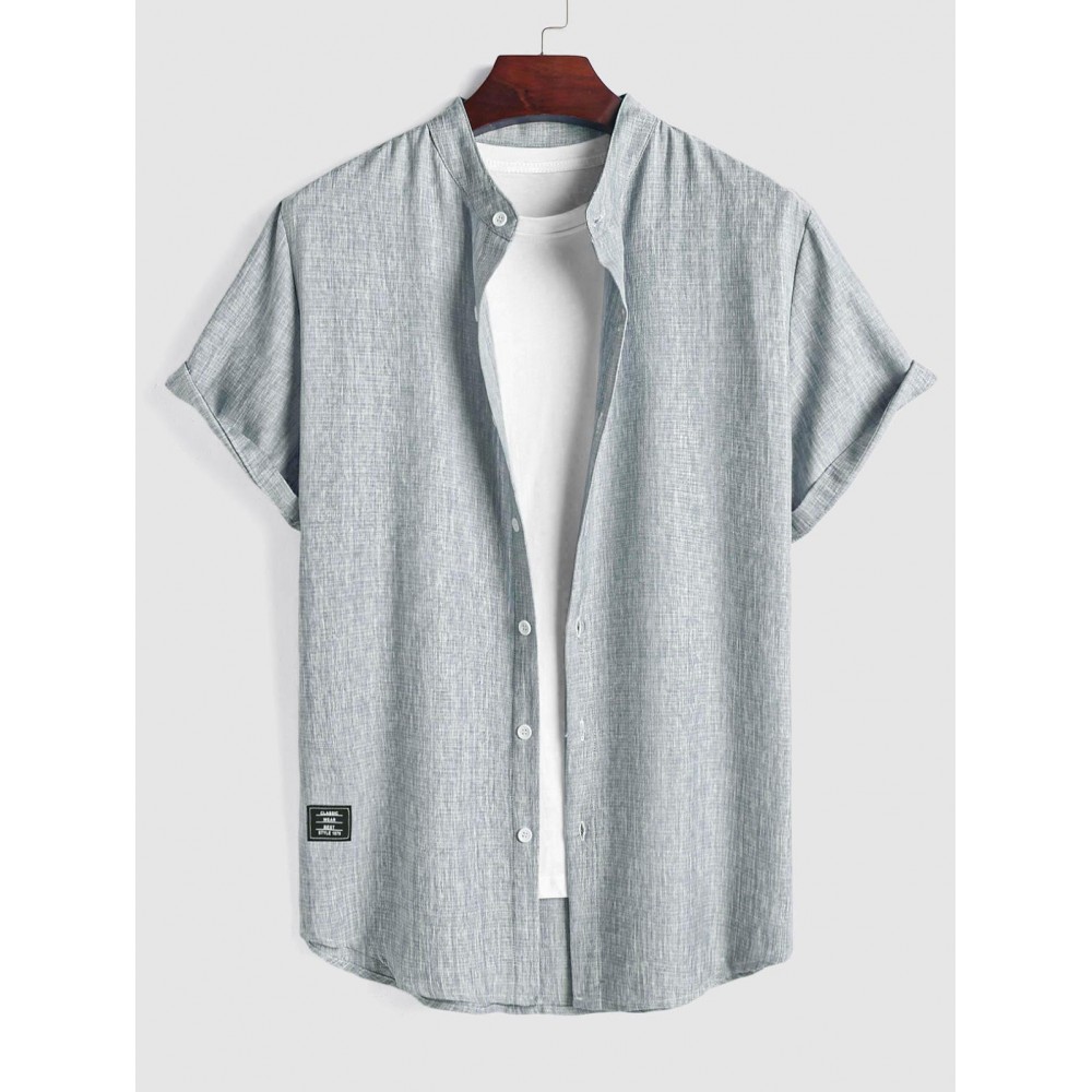 Stand Collar Applique Decor Short Sleeves Heathered Basic Shirt Stand Collar Applique Decor Short Sleeves Heathered Basic Shirt