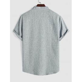 Stand Collar Applique Decor Short Sleeves Heathered Basic Shirt Stand Collar Applique Decor Short Sleeves Heathered Basic Shirt