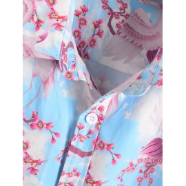Button Up Floral Crane Print Front Pocket Shirt Button Up Floral Crane Print Front Pocket Shirt