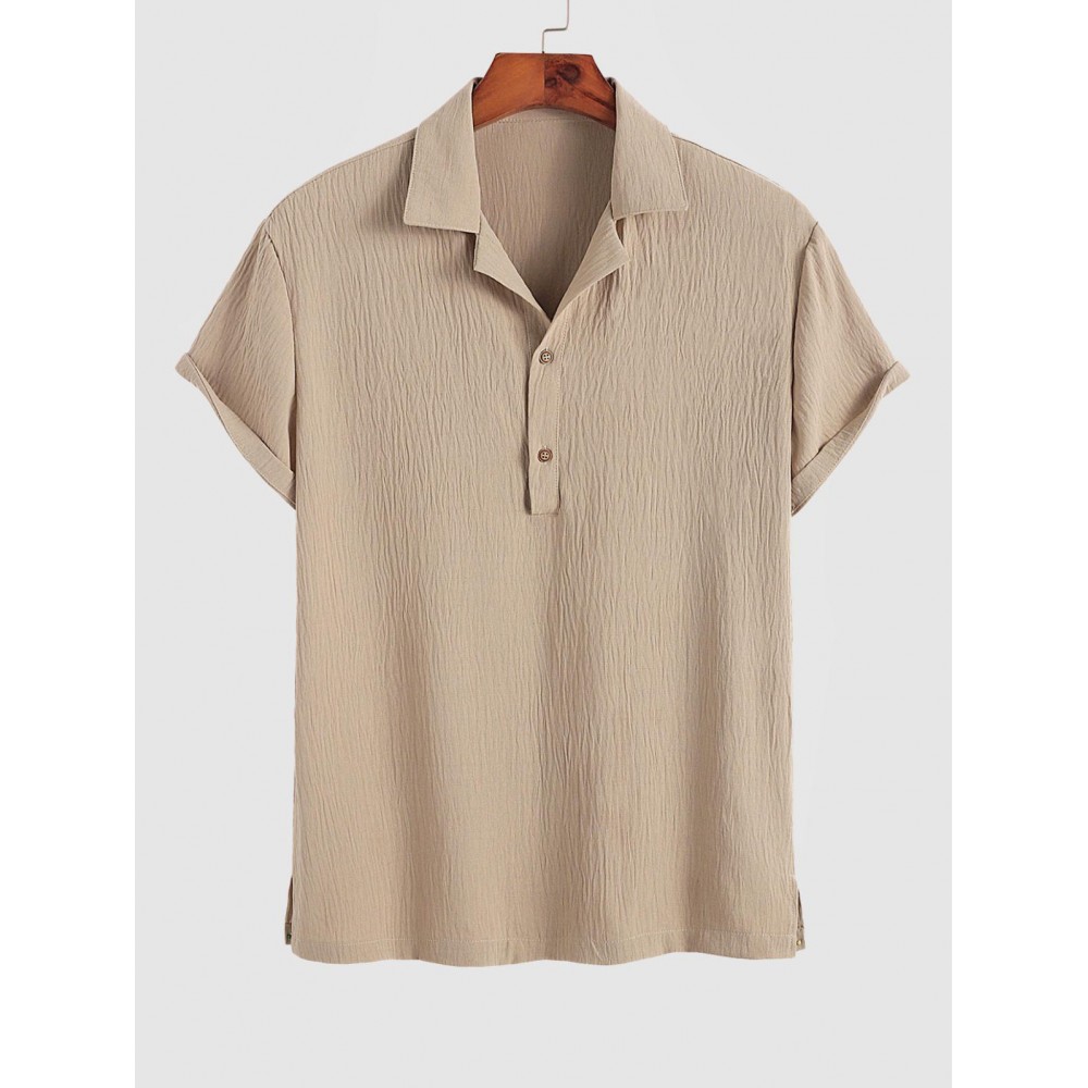 Men's Basic Minimalist Plain Color Quarter Button Lapel Collar Short Sleeves Pullover Shirt Men's Basic Minimalist Plain Color Quarter Button Lapel Collar Short Sleeves Pullover Shirt